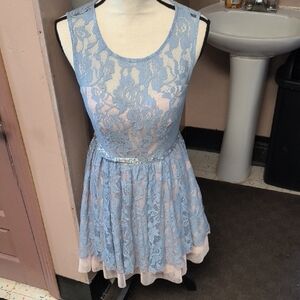 B Darlin Light Blue Lace Fit & Flare Dress with Blush Lining